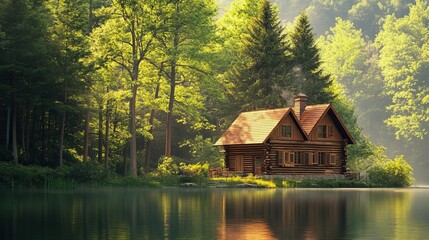 Fototapeta premium Log Cabin Nestled by a Peaceful Forest Lake. AI generated image
