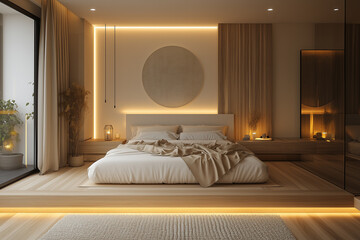 Modern minimalist bedroom with warm lighting