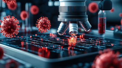 Microscope examining virus cells on a digital interface in a high-tech laboratory setting