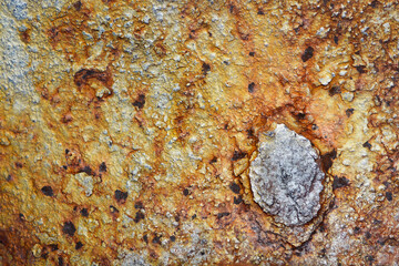 A close-up shot of a weathered metal surface reveals a fascinating rusted and discolored texture