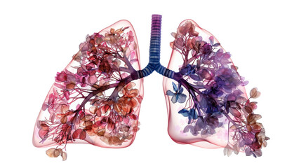 Blooming lungs filled with flowers symbolizing healthy respiration on transparent background