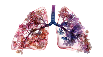 Blooming lungs filled with flowers symbolizing healthy respiration on transparent background