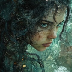 Enigmatic Portrait of a Young Woman Surrounded by Mystical Elements