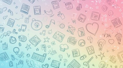 Colorful Hand-Drawn Icons and Doodles on Soft Gradient Background