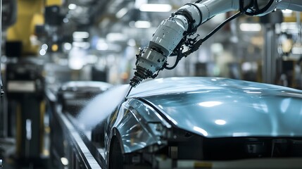 Robotic arm painting a car in a factory