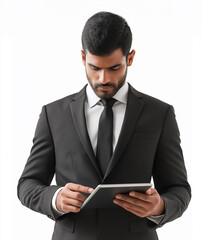 Indian man holding tablet. Technology remote business startup. Digital productivity. A realistic 3D image of an Indian man in formal attire.