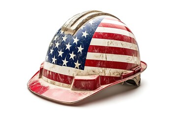 A weathered hard hat displaying the American flag, showcasing resilience and hard work.