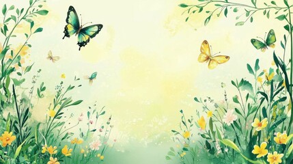 Fototapeta premium Colorful Butterflies in a Serene Floral Landscape Background