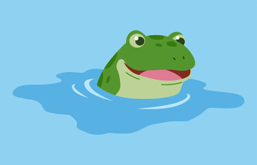 Picturesque natural pond inhabitant. Green frog in pond. Concept of outdoor scene. Vector cartoon illustration