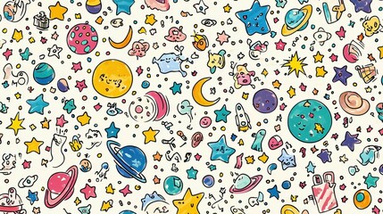 Naklejka premium Colorful and Playful Space-Themed Doodle Background for Kids