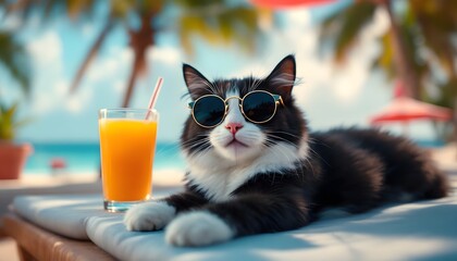 lazy cat wearing sunglasses and chilling on a beach generative ai