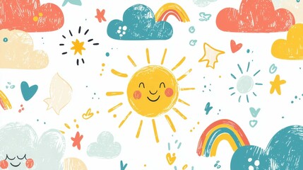 Cheerful Sun and Cloud Pattern with Colorful Elements for Kids