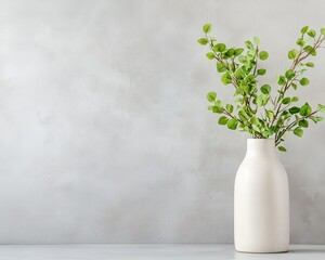 Fototapeta premium A white vase with green leaves in it sits on a table