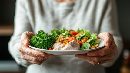An elderly person holding a plate filled with nutritious foods, showcasing a variety of fresh vegetables, signifying healthy eating habits and meal preparation.
