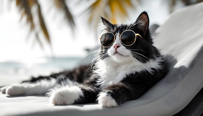 lazy cat wearing sunglasses and chilling on a beach generative ai