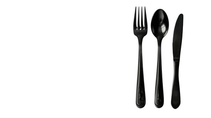 Black fork, spoon and knife cutlery set on transparent background
