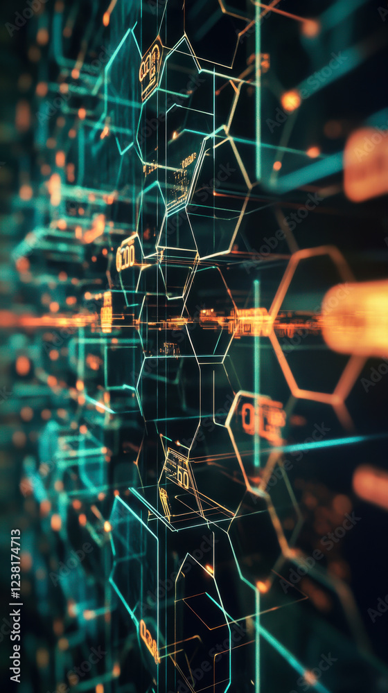 Poster abstract representation of digital network with glowing lights and geometric patterns