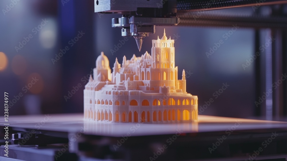 Poster 3d printer creating a detailed miniature of a building layer by layer, showing the precision of mode