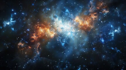 Fototapeta premium Majestic cosmic panorama of a swirling nebula surrounded by glimmering galaxies in the depths of outer space, featuring an ethereal abstract cosmos background