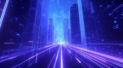 Abstract digital cityscape background with blue and orange lines, a speed motion effect on modern skyscrapers