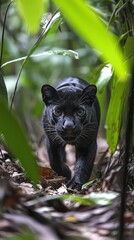 Obraz premium Under the soft light of dusk, a sleek black panther stealthily moves through dense rainforest vegetation