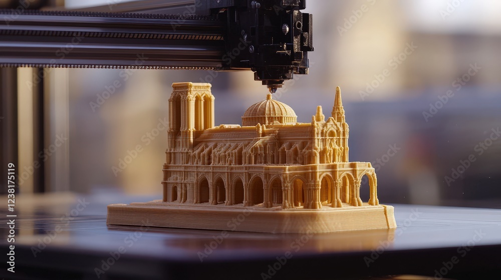 Poster 3d printer creating a detailed miniature of a building layer by layer, showing the precision of mode