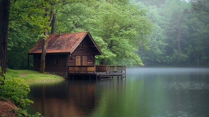 Fototapeta premium Log Cabin Nestled by a Peaceful Forest Lake. AI generated image