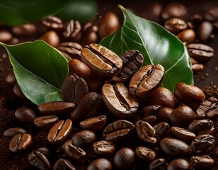 Obraz premium una mezcla de granos de cafe tostados con hojas de té e infusión