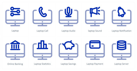 A set of 10 laptop icons as laptop, laptop call, laptop audio