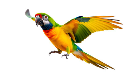 Obraz premium A Stunningly Vibrant Parrot in Dynamic Flight Against a Pure White Background