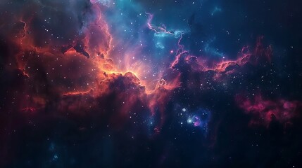 Naklejka premium Majestic cosmic panorama of a swirling nebula surrounded by glimmering galaxies in the depths of outer space, featuring an ethereal abstract cosmos background