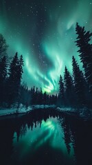 Fototapeta premium Breathtaking View of the Northern Lights Illuminating a Starry Sky Over a Serene Reflection in a Calm Water Body, Surrounded by Tall Pine Trees in a Winter Landscape