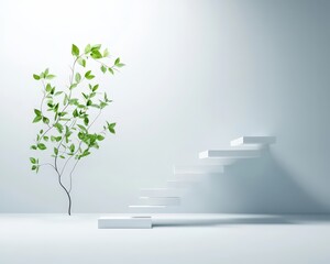 Obraz premium A tree is growing out of a white wall, and a staircase is in the background