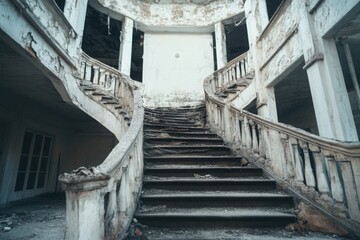 Horror terror concept. A decaying staircase in an abandoned building, showcasing peeling walls and a sense of neglect.