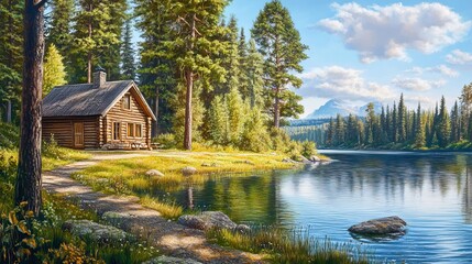 Obraz premium Log Cabin Nestled by a Peaceful Forest Lake. AI generated image