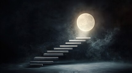 A staircase is shown in the dark with a large moon in the background