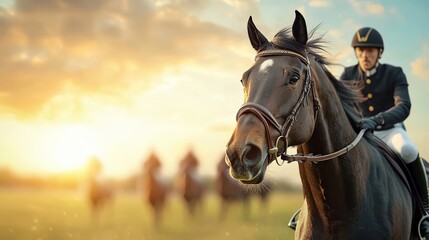 Obraz premium A man is riding a horse in a field with a sunset in the background
