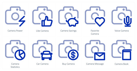 Fototapeta premium A set of 10 camera icons as camera power, like camera, camera savings