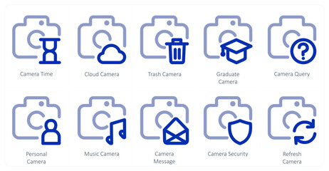 A set of 10 camera icons as camera time, cloud camera, trash camera