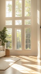 Fototapeta premium Bright and Spacious Living Room with Large Windows and Greenery