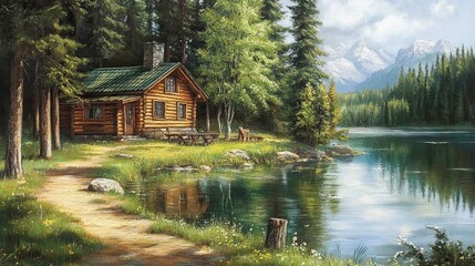 Fototapeta premium Log Cabin Nestled by a Peaceful Forest Lake. AI generated image