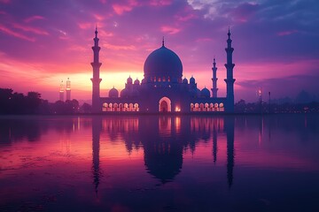 Fototapeta premium Mosque Silhouette Against Vibrant Purple and Pink Sunset Reflected in Water