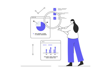 Data analytics or marketing seo optimization concept. Character Woman analyzes graphs, charts, dashboard, prepares a report. Flat Cartoon Vector Illustration, icon. Stylish abstract 