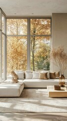 Fototapeta premium Modern Living Room with Cozy Sofa and Autumn View Through Windows
