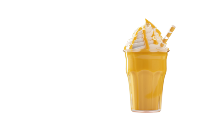 Mango milkshake with whipped cream and caramel topping on transparent background