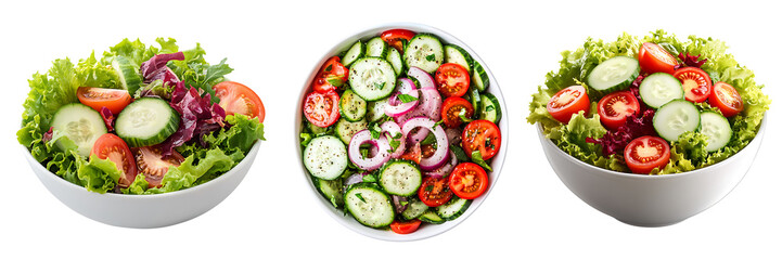 Set of a bowl of salad with lettuce, cucumber, and tomato, isolated on a transparent background.