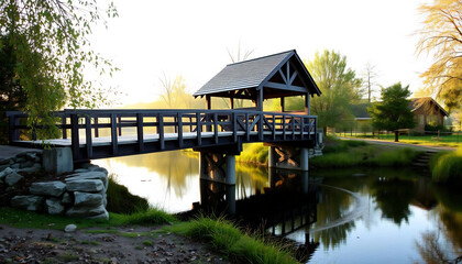Fototapeta premium Old Wooden Bridge Over a Quiet River
