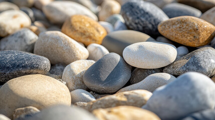 A close-up of smooth, varied pebbles on a surface, showcasing natural textures and colors.