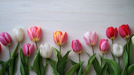 Vibrant arrangement of tulips in a variety of colors on a light wooden surface