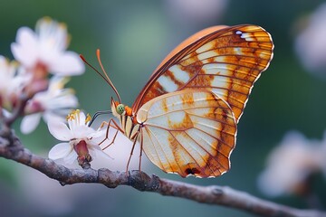 Obraz premium A Maple Leaf Butterfly, with wings that mimic autumn leaves, on a blooming maple branch.